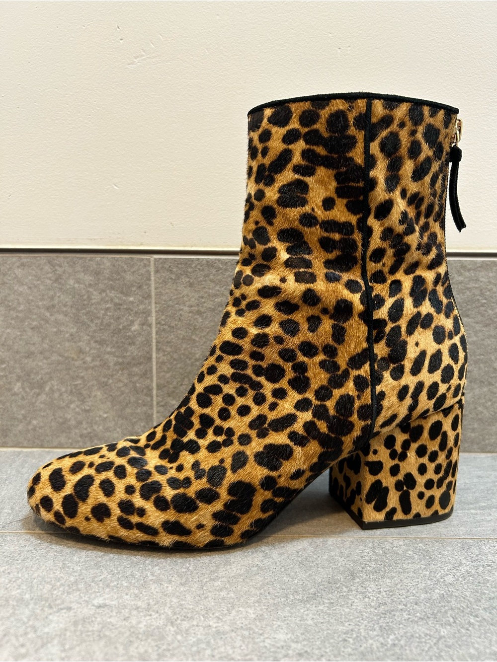 J. Crew Sadie ankle boots in leopard print calf hair block heel and back zipper